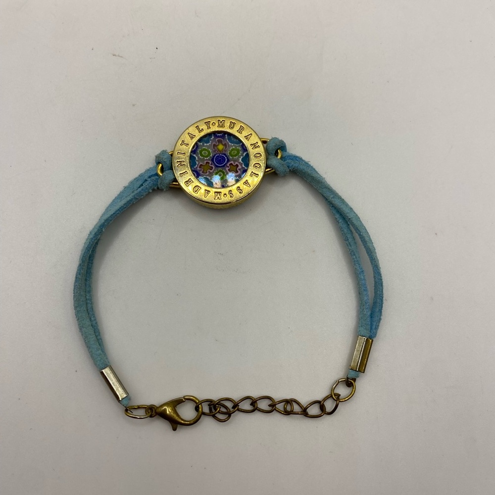 Murano Glass Bracelet Blue Suede Cord Mandala Design, Made in Italy